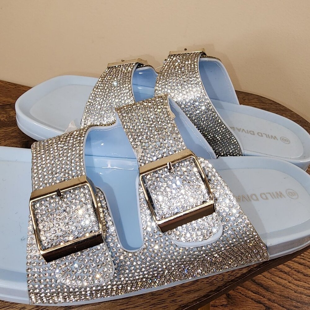 NWB Blue and Rhinestone Double Strap Slide on Sandals